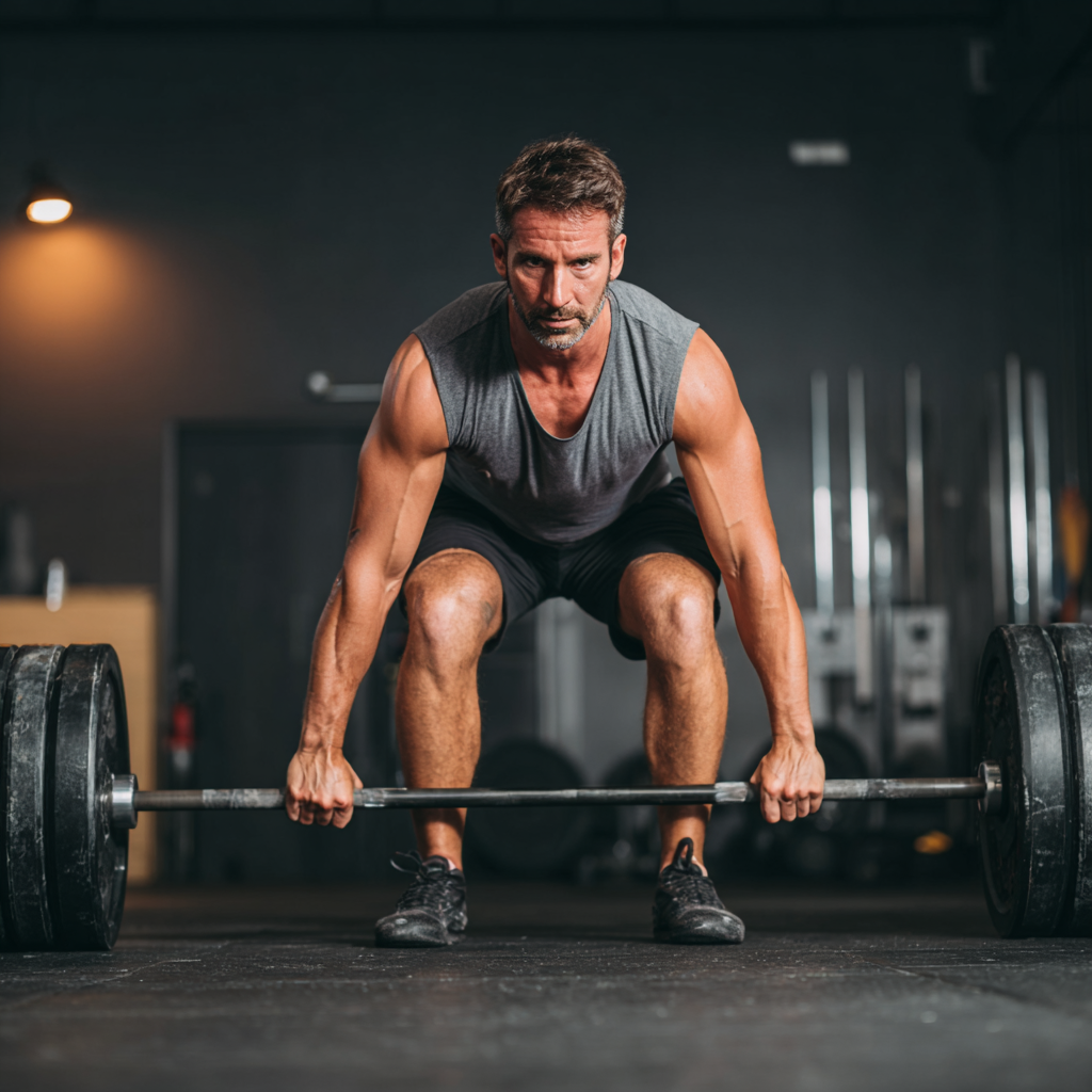 Athletic man performing a deadlift exercise in a modern gym, showcasing proper form and dedication