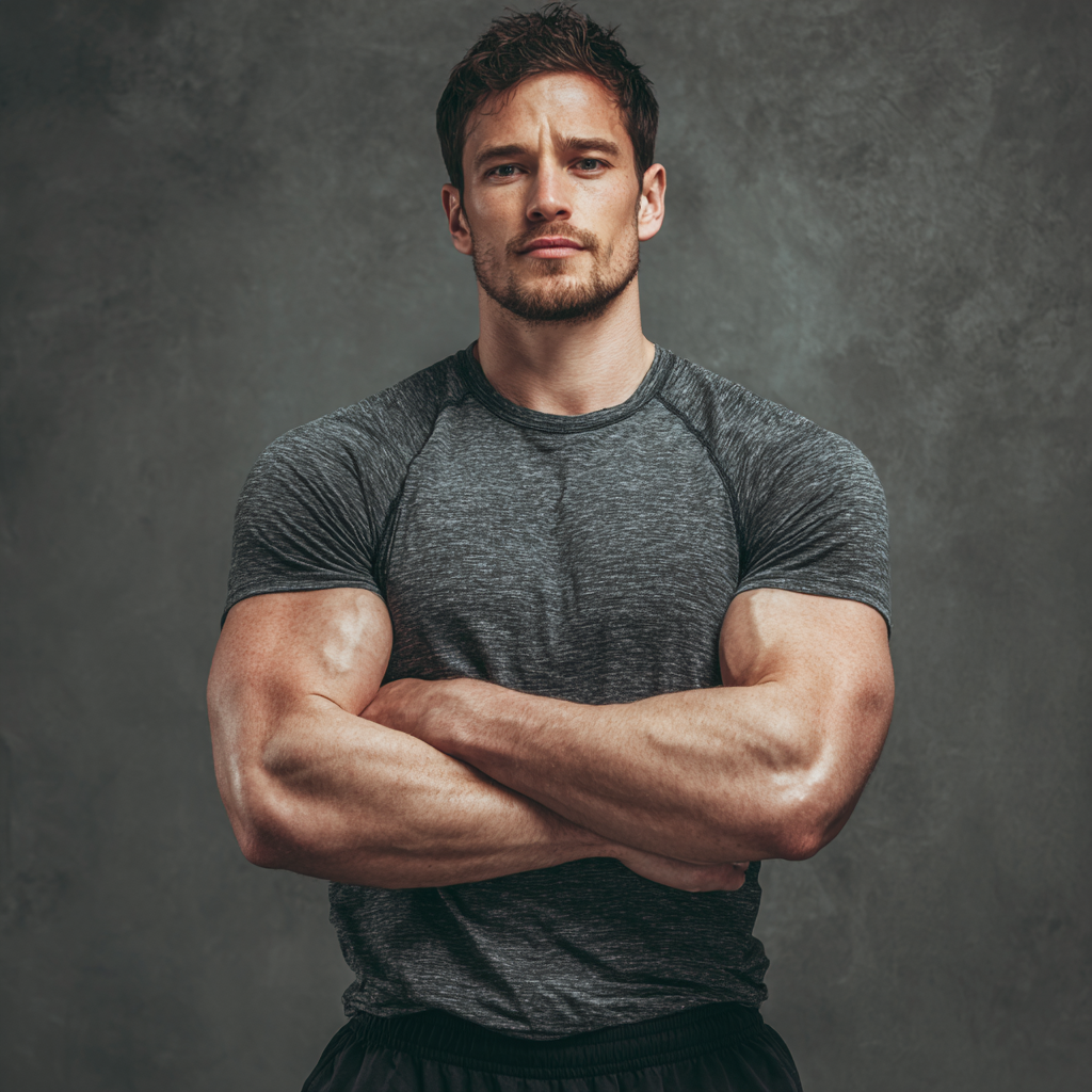 Confident muscular man in athletic wear standing with arms crossed, representing strength and determination