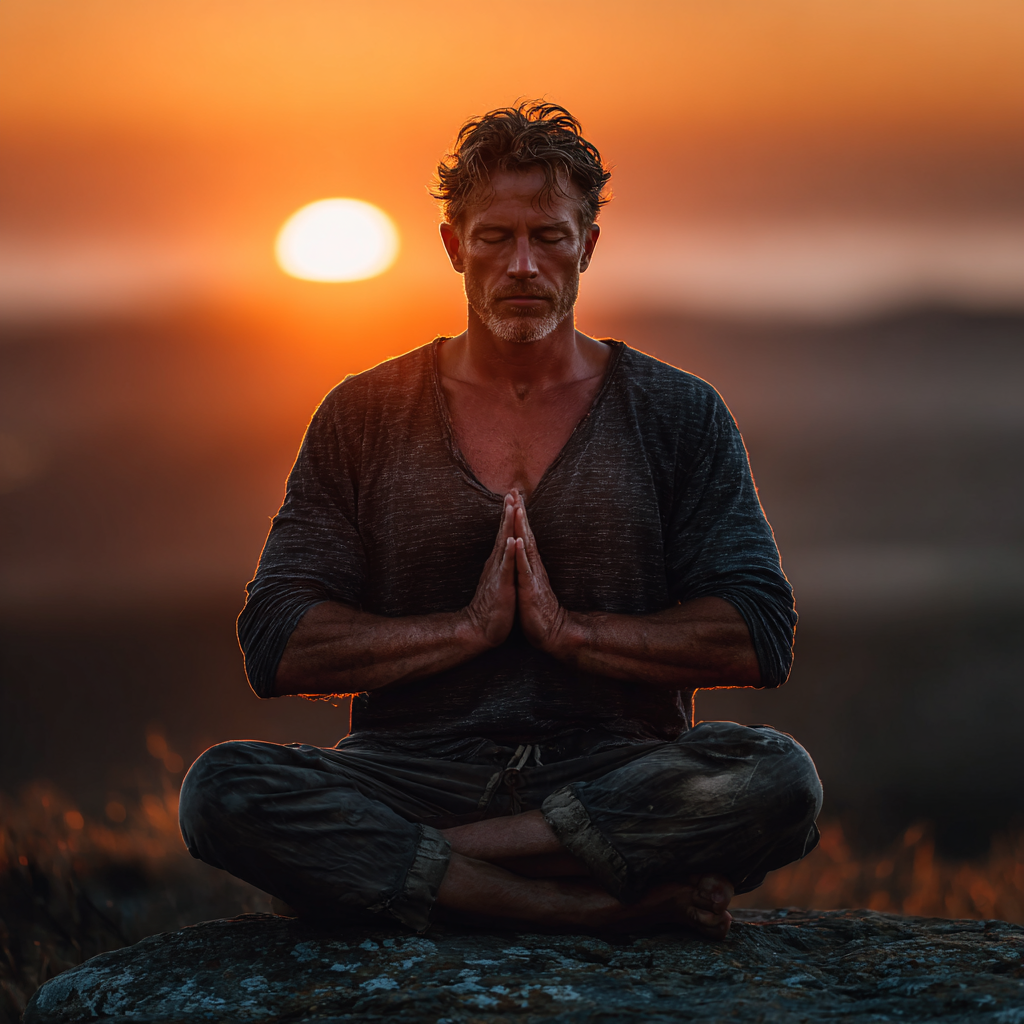 Focused man in meditation pose outdoors at sunrise, representing mental clarity and inner strength